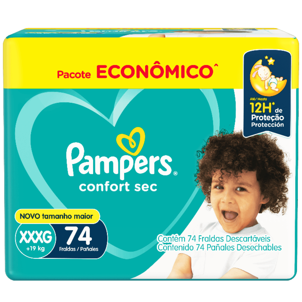 Fralda Descartável Infantil Pampers Confort Sec XXXG + de 19kg Pacote Econômico 74 Unidades