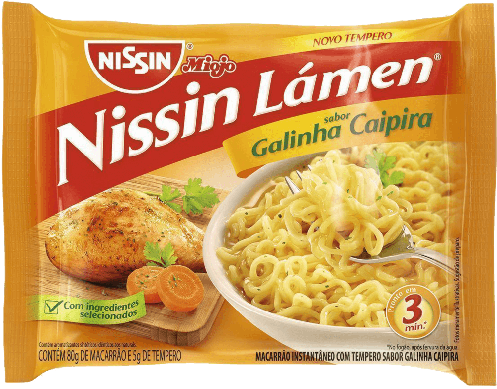 Macarrão Instantâneo Lámen com Tempero de Galinha Caipira Nissin Miojo Pacote 85g Sendo 80g de Macarrão e 5g de Tempero