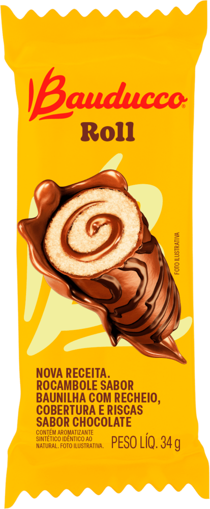 Rocambole Baunilha com Recheio, Cobertura e Riscas Chocolate Bauducco Roll Pacote 34g