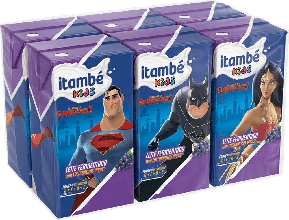 Leite Fermentado Desnatado com Preparado de Uva Justice League Itambé Kids Caixa 6 Unidades de 80g Cada