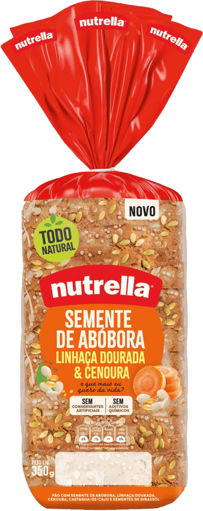 Pão com Semente de Abóbora, Linhaça Dourada, Cenoura, Castanha-de-Caju e Sementes de Girassol Nutrella Pacote 350g