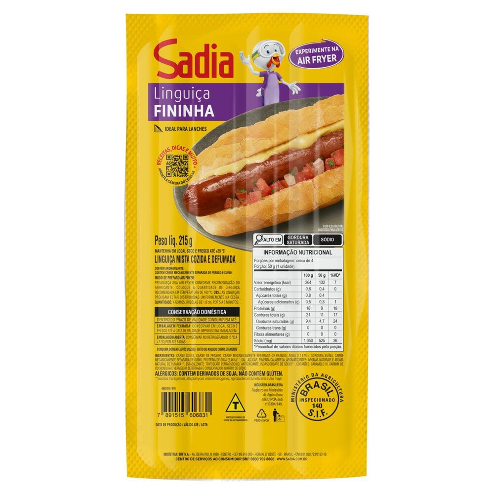 Linguiça Mista Cozida E Defumada Fininha Sadia 215G