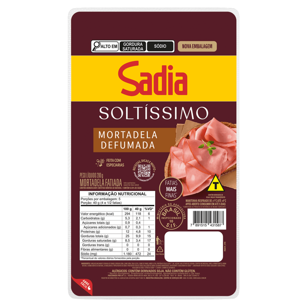 Mortadela Fatiada Defumada Sadia Soltíssimo 200g