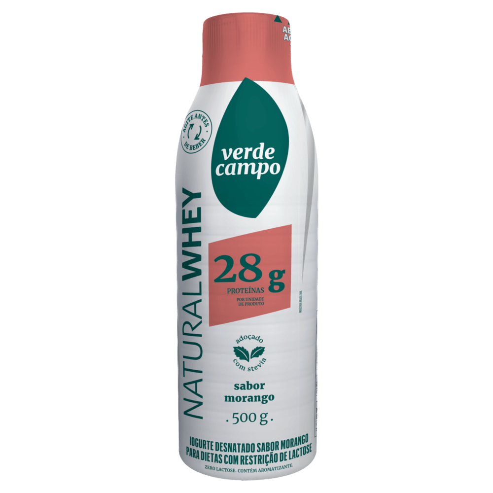 Iogurte Desnatado Morango Zero Lactose Verde Campo Natural Whey Garrafa 500g