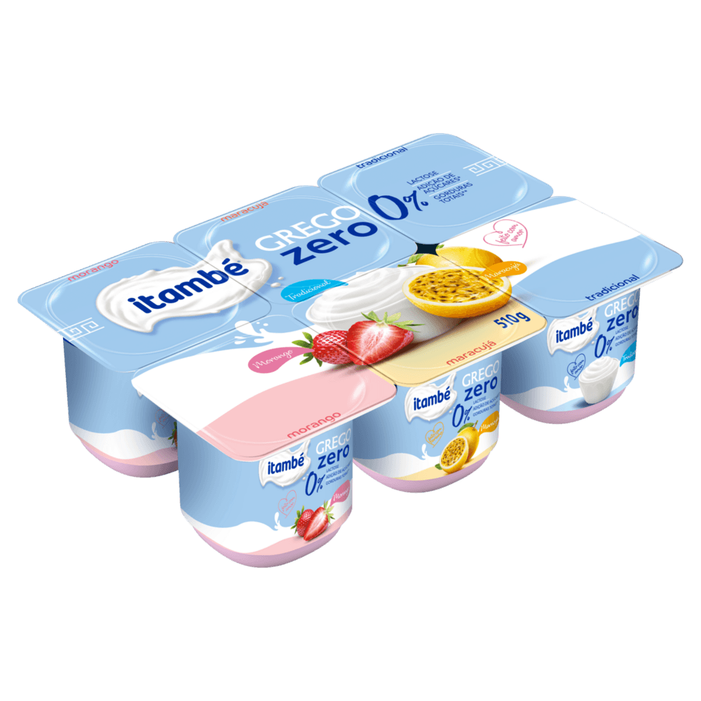 Iogurte Desnatado Grego Morango + Maracujá + Tradicional Zero Lactose Itambé Bandeja 510g 6 Unidades