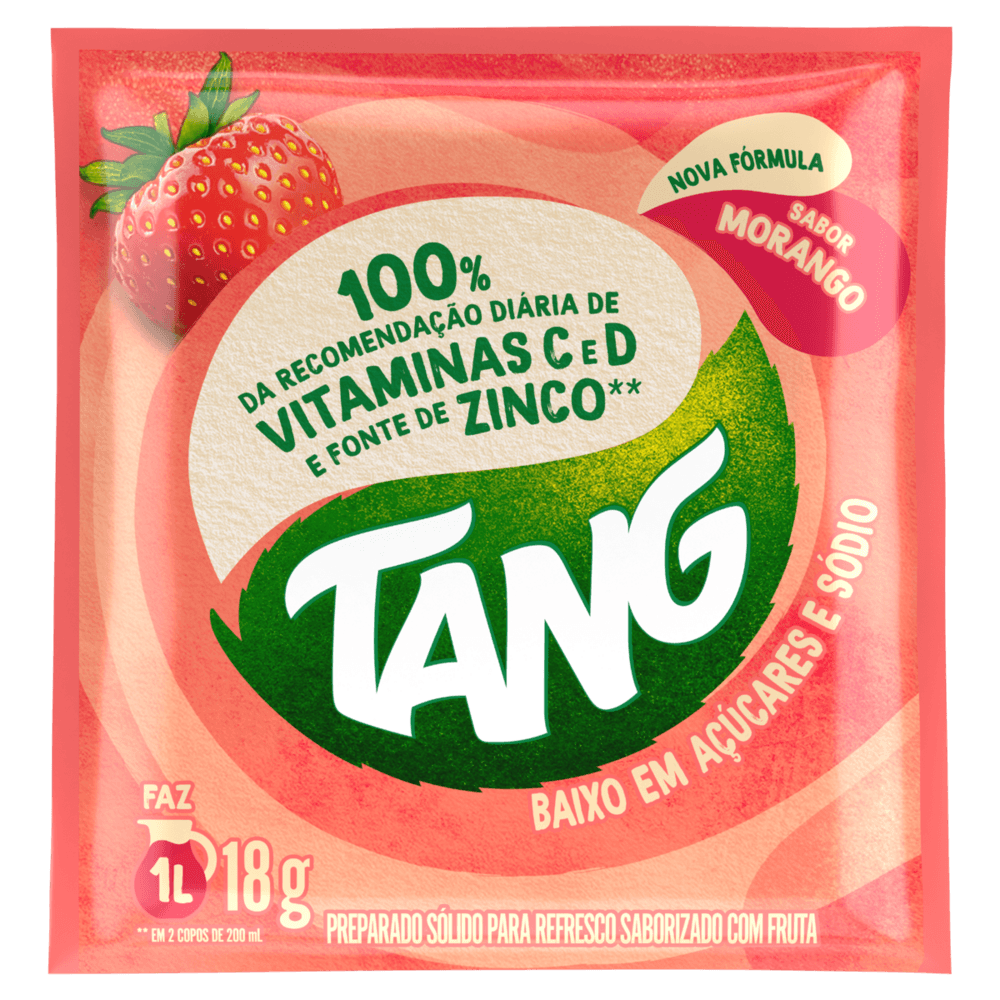 Preparado Sólido para Refresco em Pó Saborizado com Fruta Morango Tang Pacote 18g