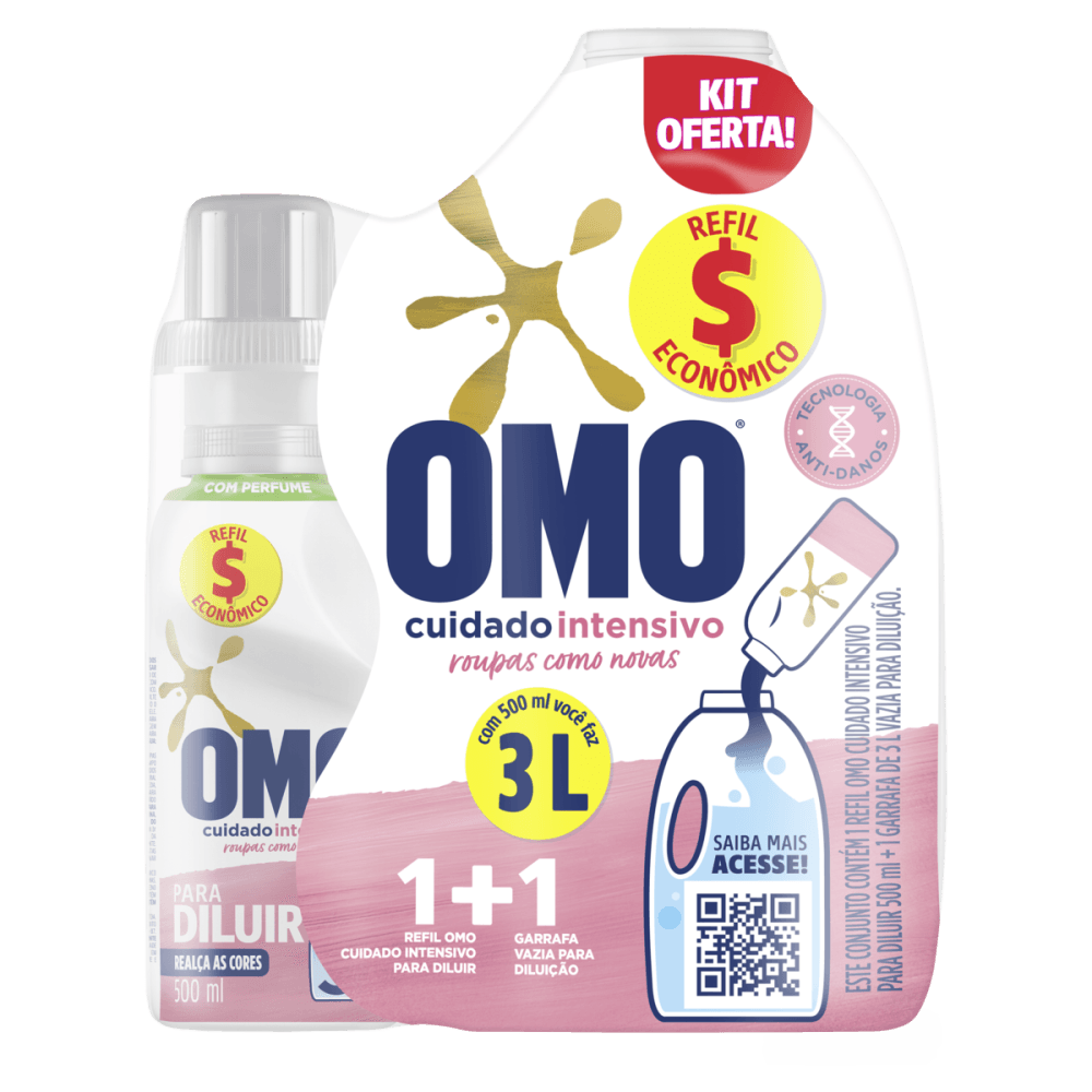Kit Garrafa para Diluição + Lava-Roupas Líquido para Diluir com Perfume Omo Cuidado Intensivo 500ml Refil Econômico