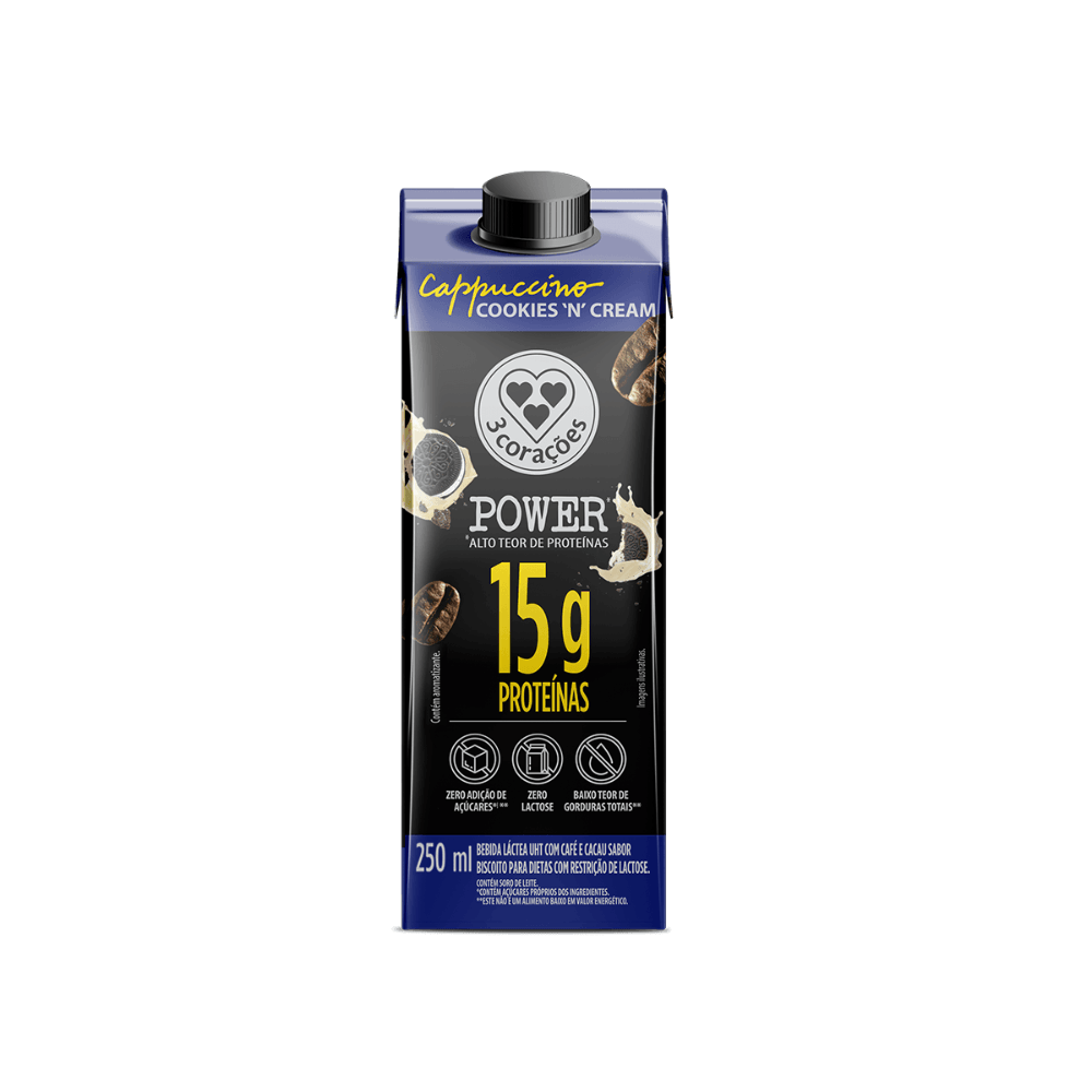 Bebida Láctea 15g Cappuccino Cookies'n Cream 3 Corações Power 250ml