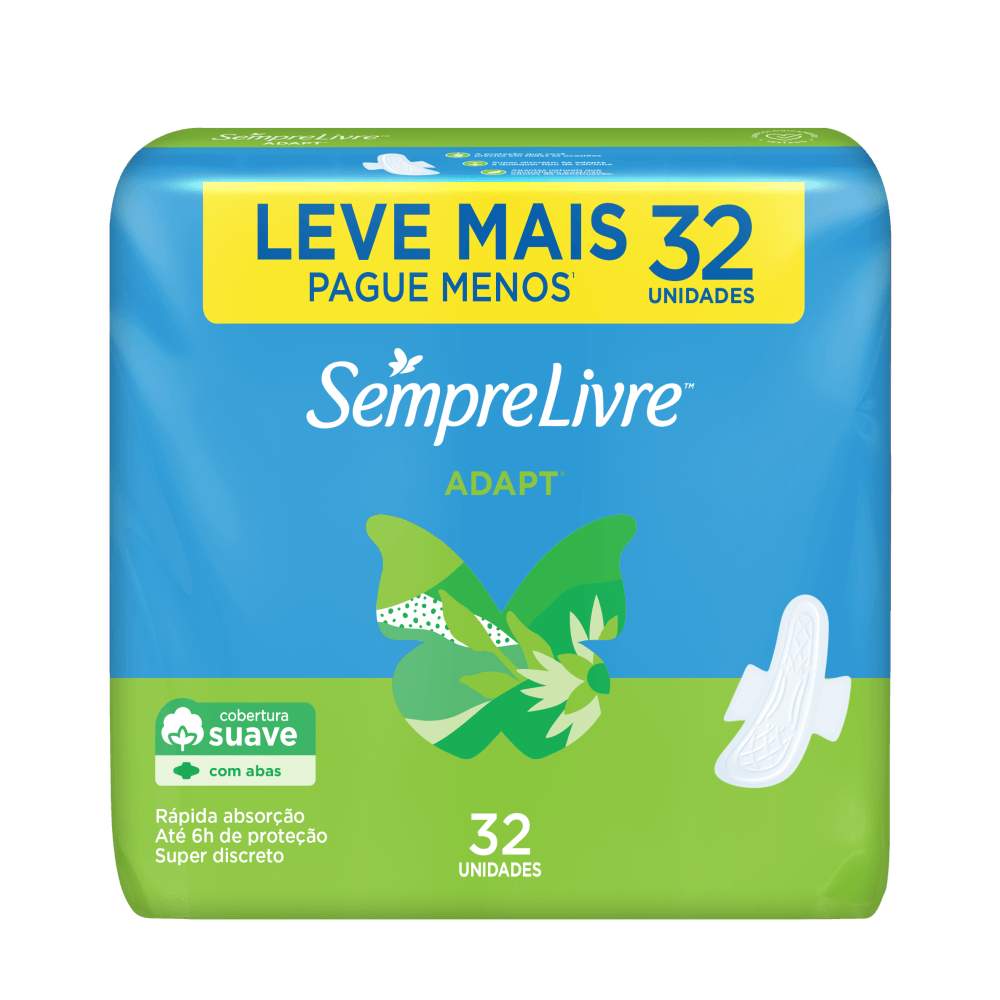 Absorvente com Abas Suave Sempre Livre Adapt Pacote 32 Unidades Leve Mais Pague Menos