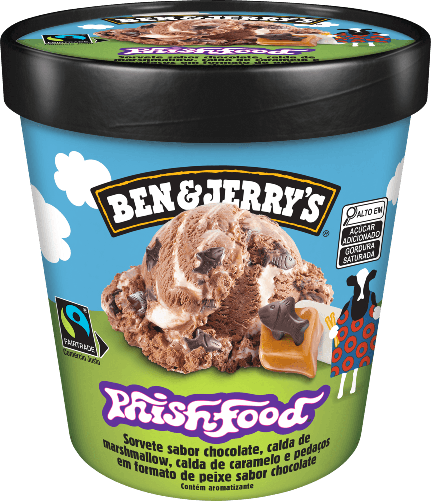 Sorvete Chocolate, Calda de Marshmallow, Caramelo e Pedaços em Formato de Peixe de Chocolate Phish Food Ben & Jerry's Pote 458ml