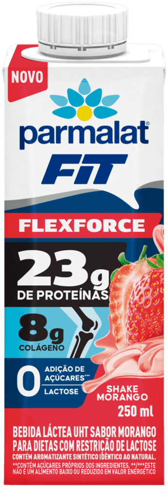 BEBIDA LACTEA PARMALAT FIT FLEXFORCE 250ML-TP 23G DE PROTEINA E 8G DE COLAGENO| ZERO LACTOSE| SABOR SHAKE DE MORANGO