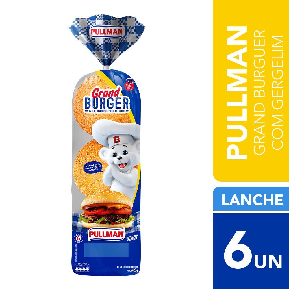 Pão para Hambúrguer com Gergelim Zero Colesterol Zero Gorduras Trans Pullman Grand Burger Pacote 420g 6 Unidades Tamanho Família