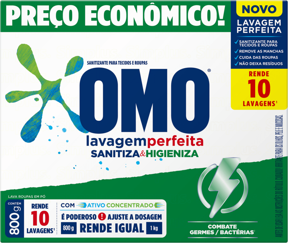 Lava-Roupas em Pó com Ativo Concentrado Omo Lavagem Perfeita Sanitiza & Higieniza Caixa 800g Preço Econômico