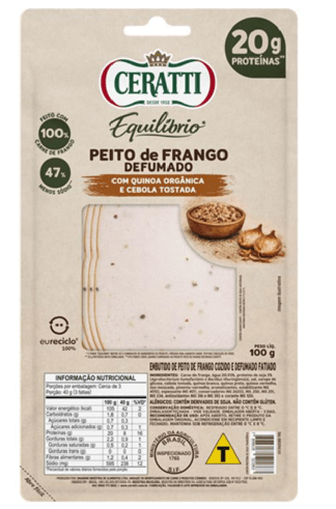 PEITO DE FRANGO COZIDO E DEFUMADO CERATTI EQUILIBRIO COM QUINOA ORGANICA E CEBOLA TOSTADA 100G-BJ