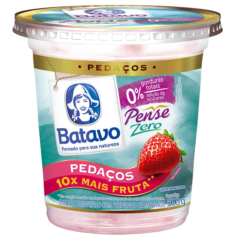 Iogurte Desnatado com Preparado de Morango Zero Lactose para Dietas com Restrição de Lactose sem Adição de Açúcar Batavo Pense Zero Pedaços Pote 450g