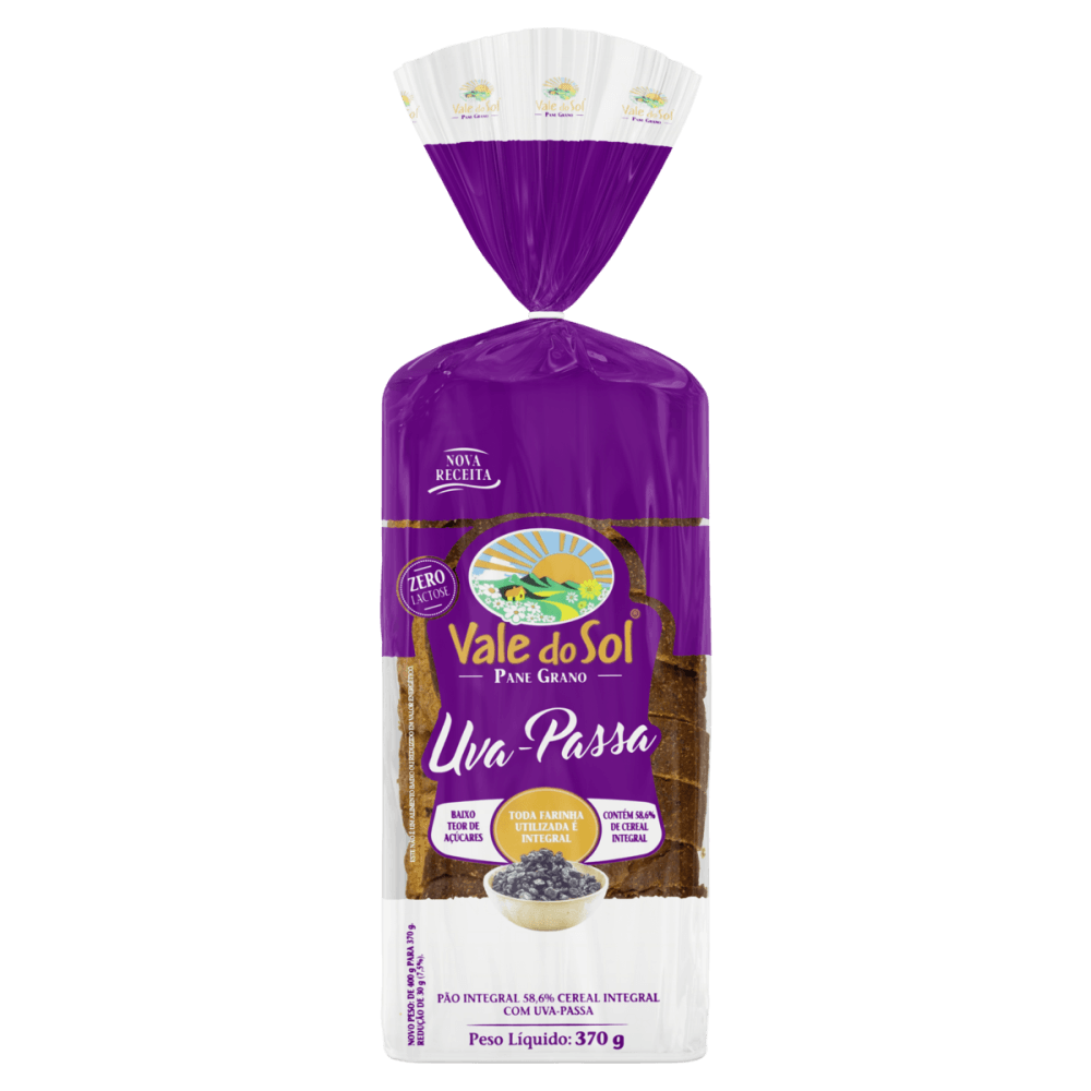 Pão 58,6% Cereal Integral com Uva-Passa Zero Lactose Vale do Sol Pane Grano Pacote 370g