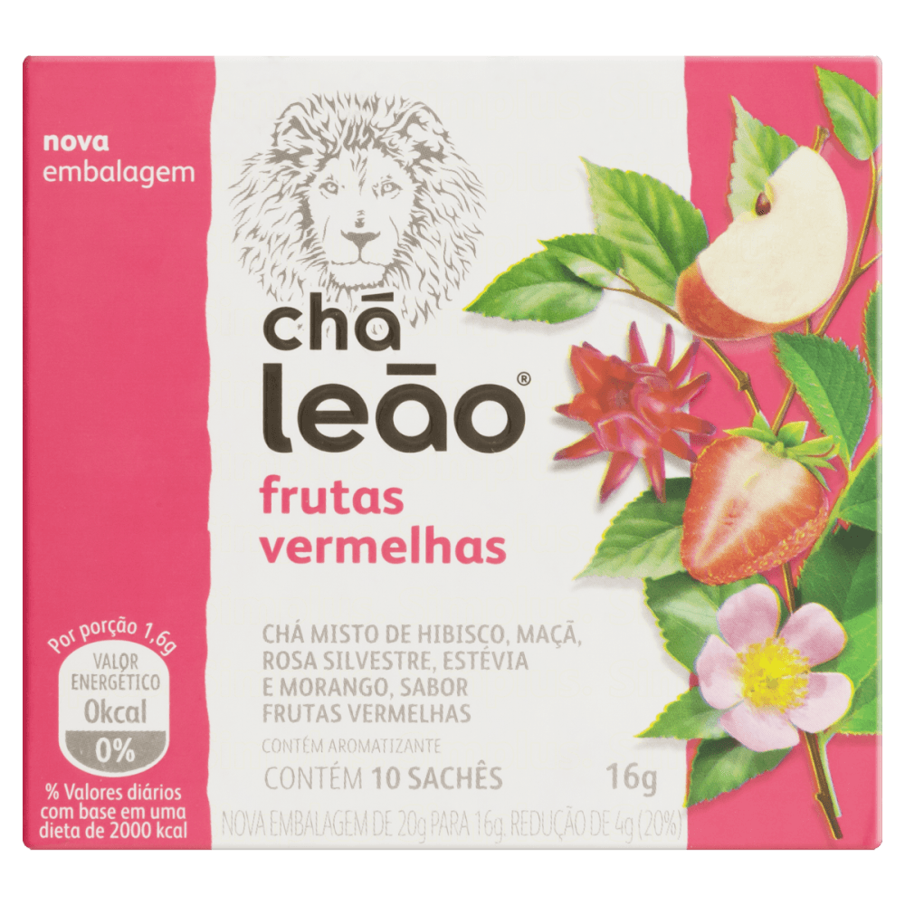 Chá Misto de Frutas Vermelhas Hibisco, Maçã, Rosa Silvestre, Estévia e Morango Chá Leão Caixa 16g 10 Unidades