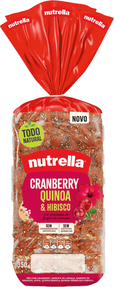 Pão com Cranberry, Semente de Linhaça, Semente de Girassol, Aveia, Quinoa Branca, Quinoa Vermelha & Hibisco Nutrella Pacote 350g