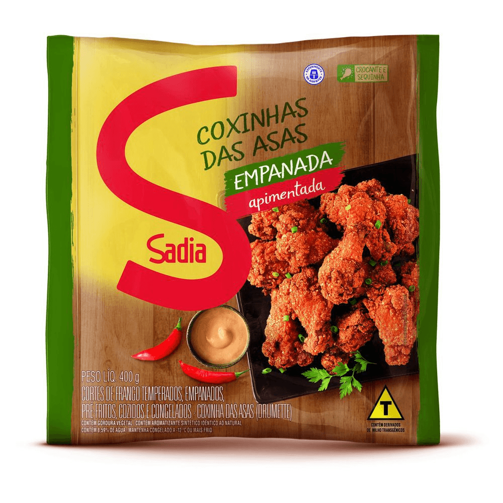 Empanado de Frango Coxinha da Asa Drumette Apimentada Temperado, Pré-Frito, Cozido e Congelado Sadia Empanadíssimo Pacote 400g