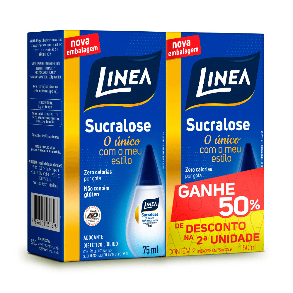 Adoçante Líquido Sucralose Linea Caixa 150ml 2 Unidades Grátis 50% de Desconto na 2ª Unidade