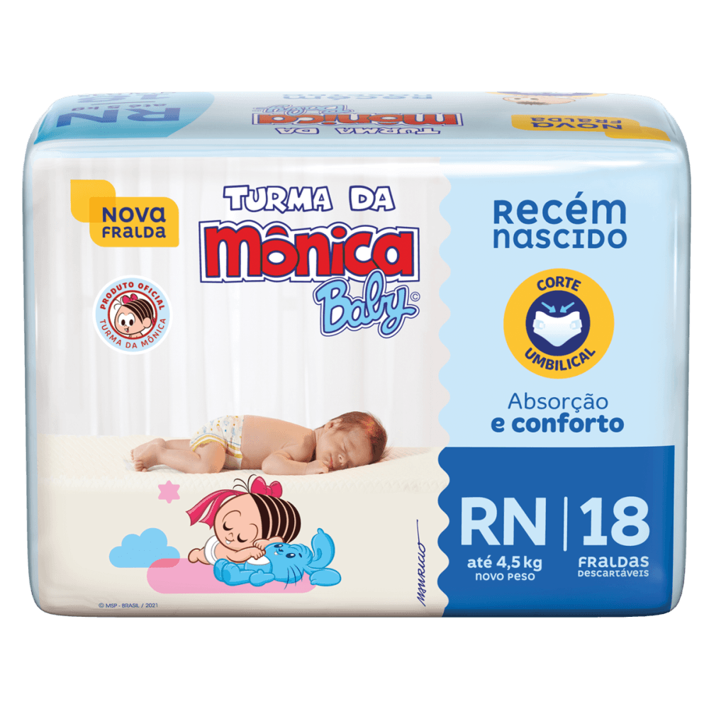Fralda Descartável Turma da Mônica Baby RN até 4,5kg Pacote 18 Unidades