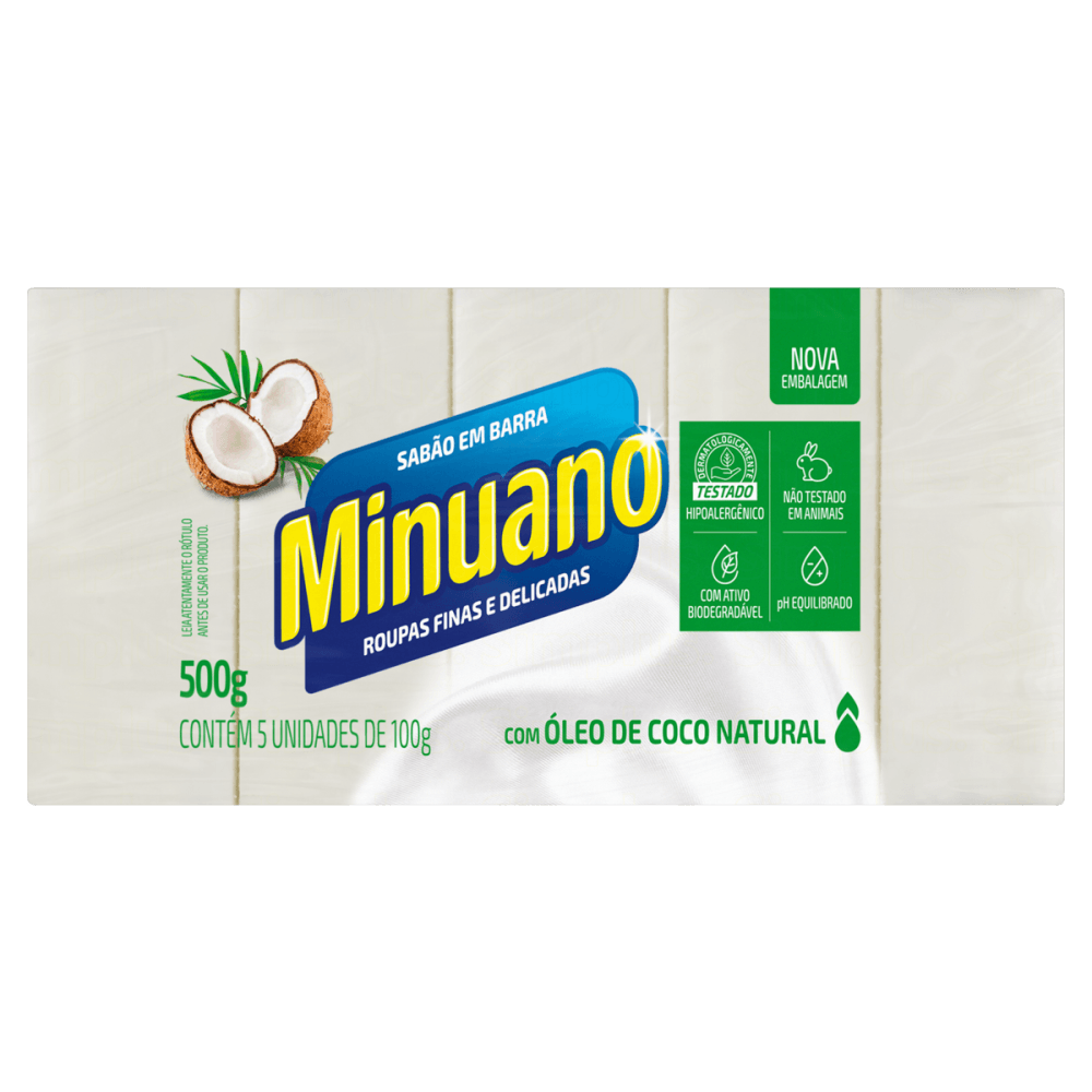 Sabão em Barra com Óleo de Coco Natural Minuano Pacote 500g 5 Unidades de 100g Cada