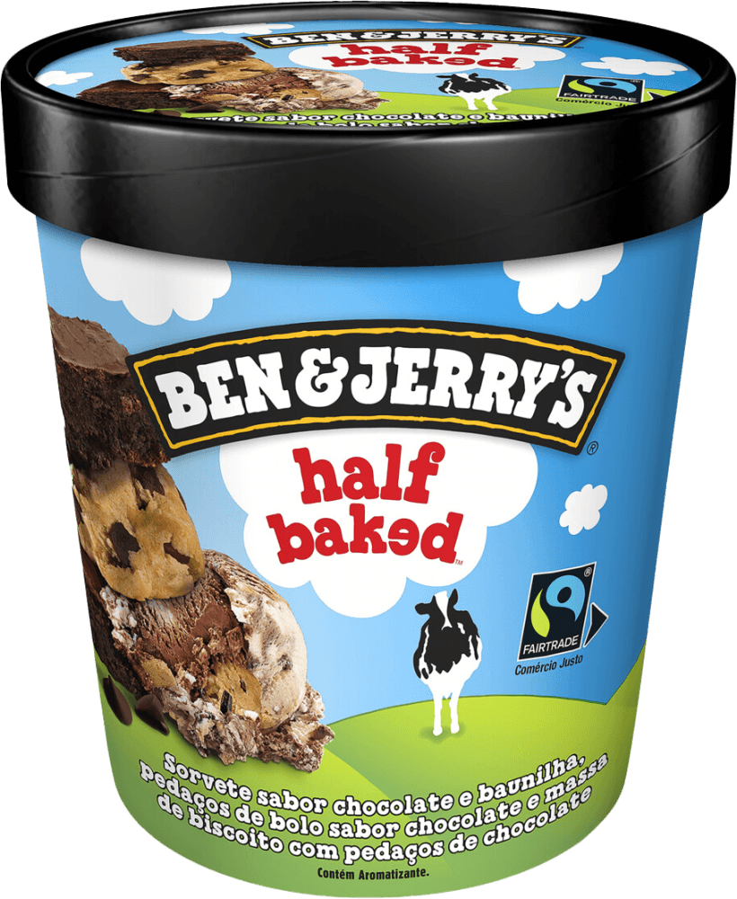 Sorvete Half Baked Chocolate e Baunilha, Pedaços de Bolo de Chocolate e Massa de Biscoito com Pedaços de Chocolate Ben & Jerrys Pote 458ml