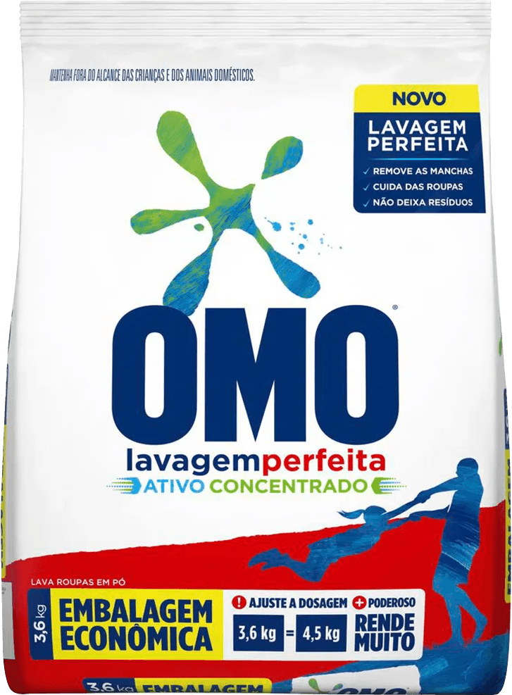 Lava-Roupas em Pó Ativo Concentrado Omo Lavagem Perfeita Pacote 3,6kg Embalagem Econômica