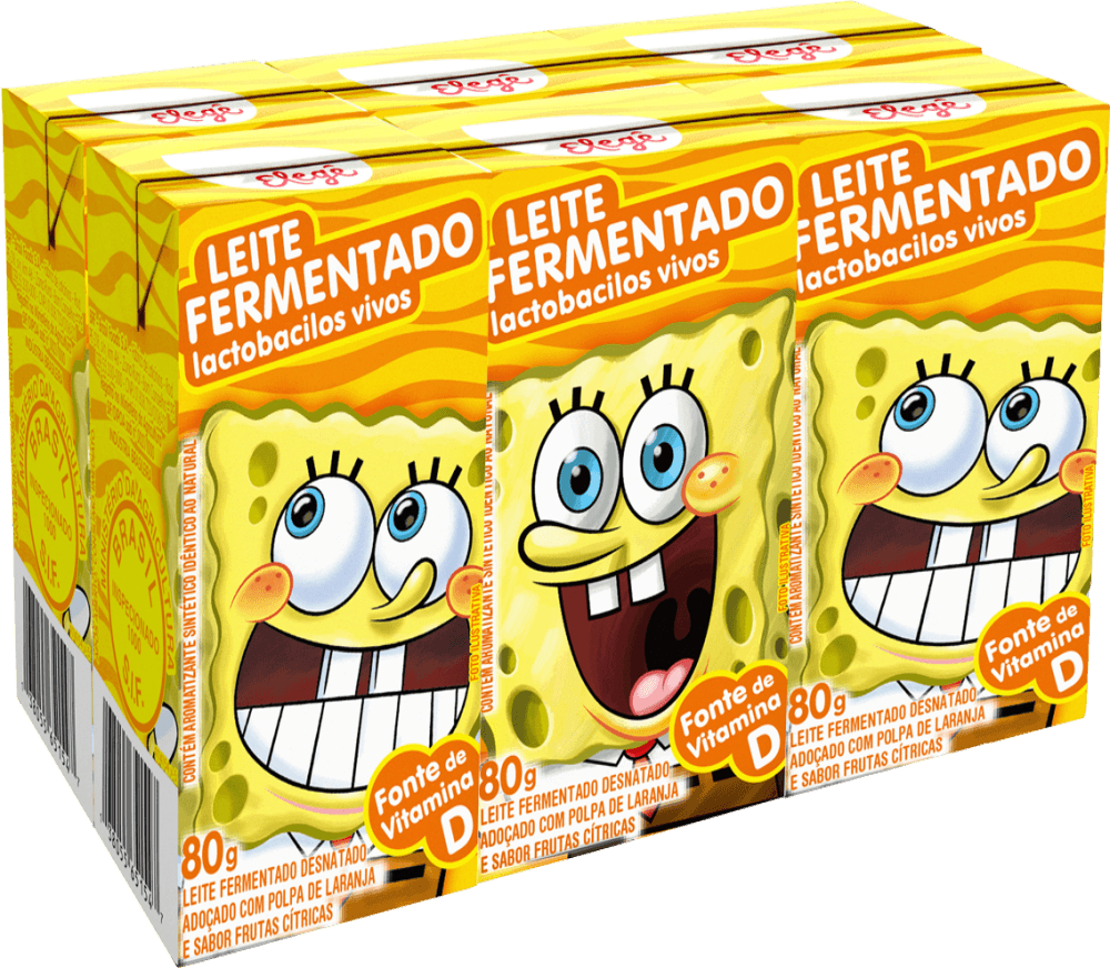 Leite Fermentado Desnatado com Lactobacilos Vivos com Preparado de Laranja Bob Esponja Elegê Caixa 80g