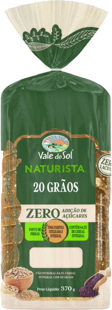 Pão Integral 64,2% Cereal Integral com 20 Grãos Zero Lactose sem Adição de Açúcar Vale do Sol Naturista Pacote 370g