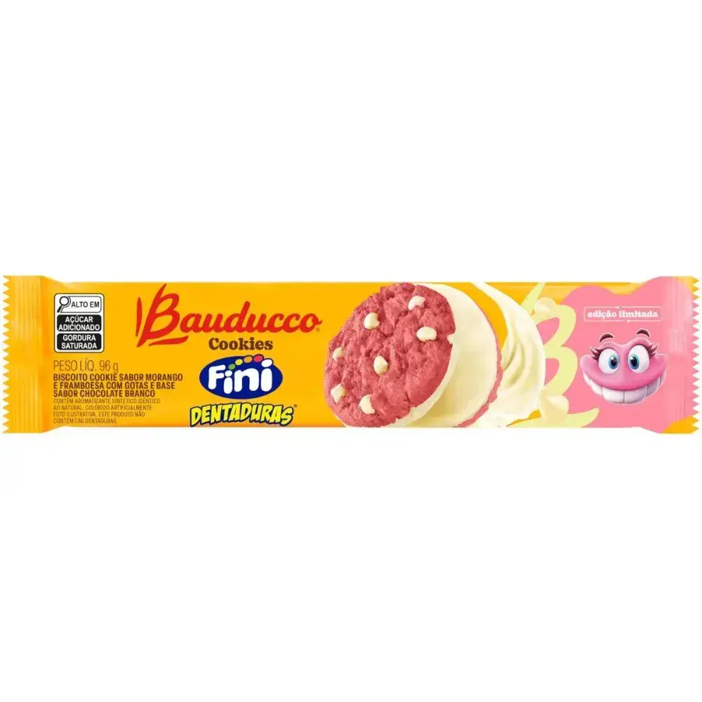 Biscoito Cookies Bauducco Sabor Morango com Gotas e Base de Chocolate Branco Fini Dentaduras 96g